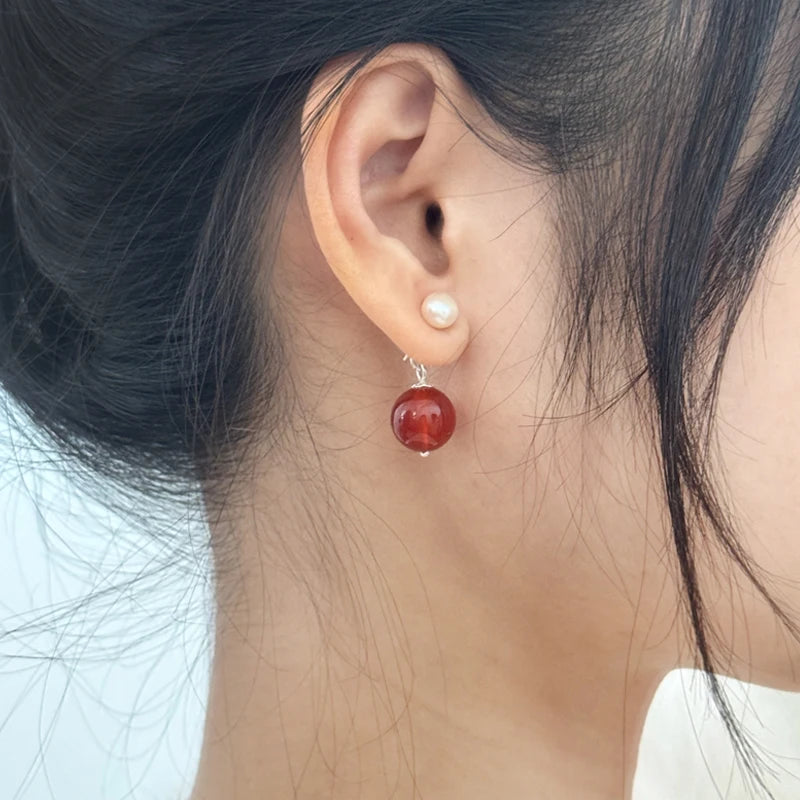 Luna Luxe Pearl and Red Agate Earrings