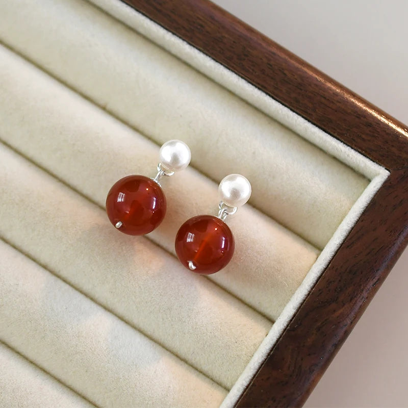 Luna Luxe Pearl and Red Agate Earrings