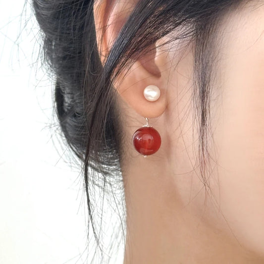 Luna Luxe Pearl and Red Agate Earrings